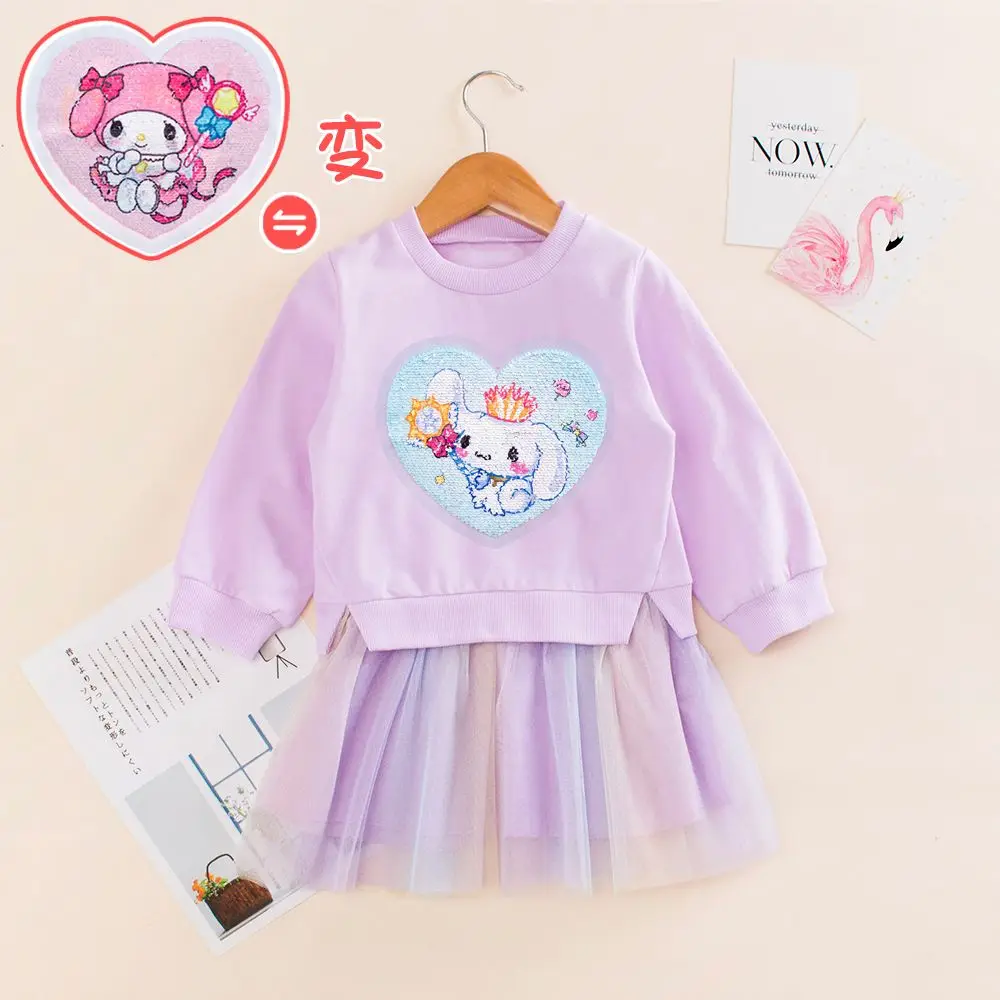 

Платье Sanrio Melody Cinnamoroll для девочек, с длинными рукавами, осеннее, сетчатое, кружевное, с двусторонними цветными пайетками, блестящее, сияющее