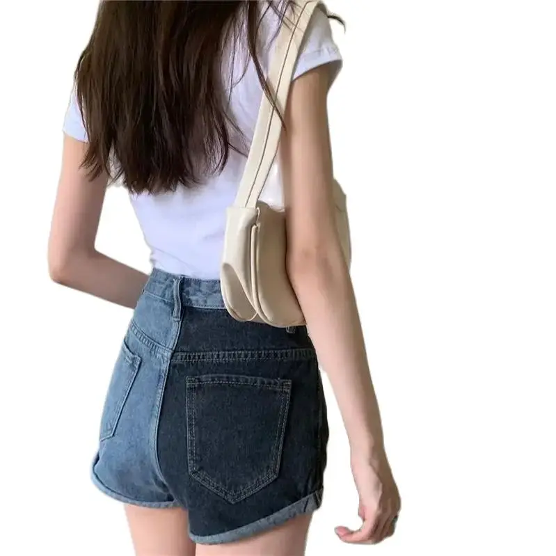 Denim Shorts Color Blocked High Waist 2024 Summer Korean Version Women Large Size Thin Versatile A-Line Wide Leg Hot Pants