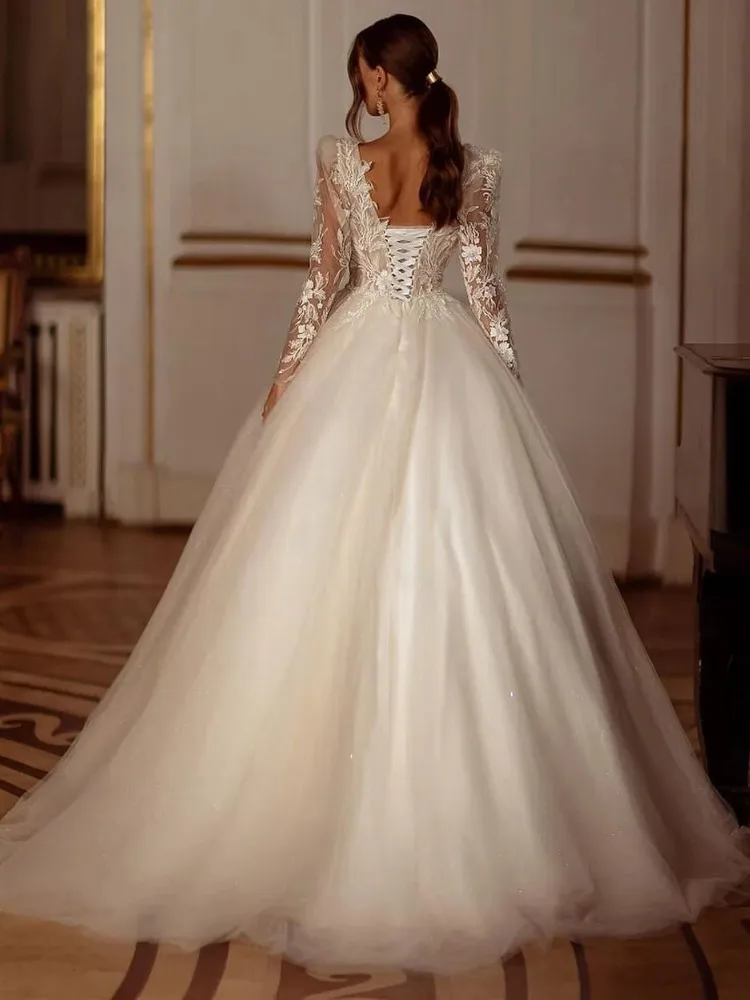Glitter A-line Wedding Dresses Long Sleeve Appliques Lace Floor Length Tulle Customized Bride Gown vestidos de novia