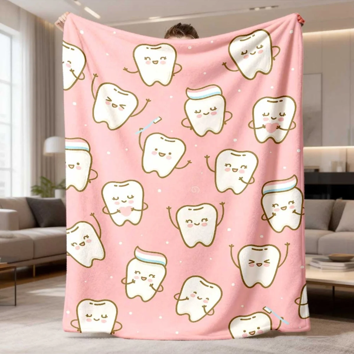 Kawaii Happy Tooth Pattern Flannel Blanket Warm Plush Throw Blanket Lovely Cartoon Teeth with Toothpaste Decor Blanket