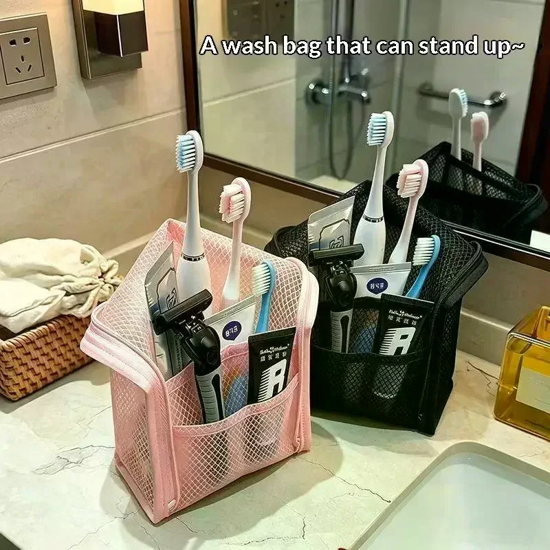 4Pcs Portable Standing Mesh Toiletry Bag Waterproof Travel Foldable Toothbrush Cosmetic Organizer Women Bathroom Storage Pouch