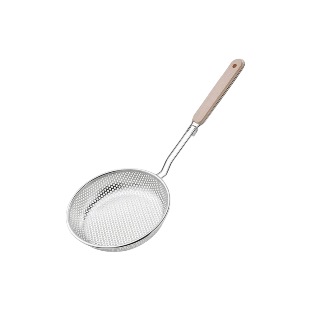 

Wooden Handle Stainless Steel Strainer Rust-Proof Durable Dumpling Strainer Fine Mesh Design Long Handle Oil Frying Sieve