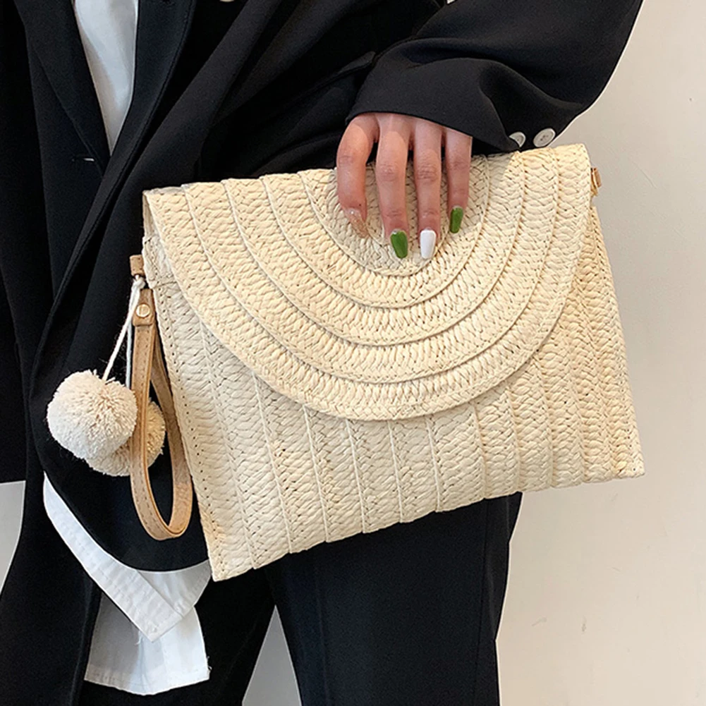 Summer Beach Straw Clutch Bag Cute Ball pendant Crossbody Bag for Women Travel Shoulder Bags Purse Ladies Casual Wicker Handbags