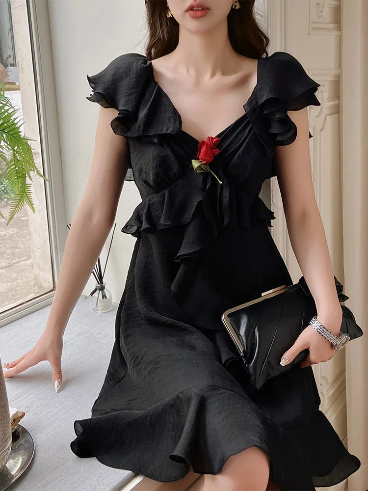 Vestido sólido de verão vestido feminino em camadas com decote em v na altura do joelho saia evasê y2k 2025 novo dabwawa da1bdr026