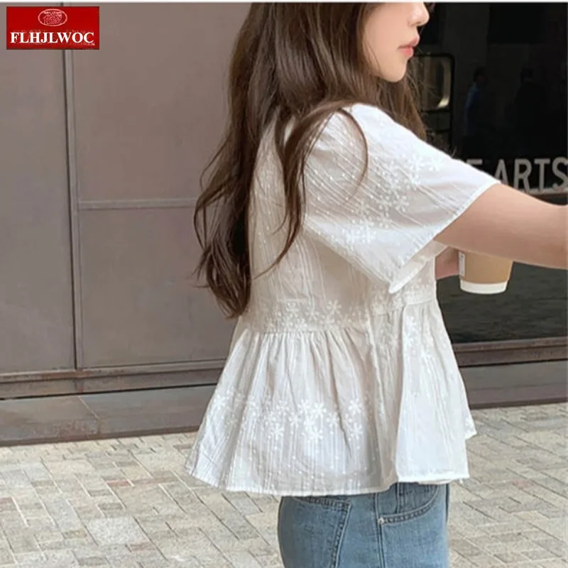 Bonito mistura de algodão topos curto chique coreia bonito boneca camisa design 2025 mulher verão babados casual gravata borboleta camisa de renda branca blusa