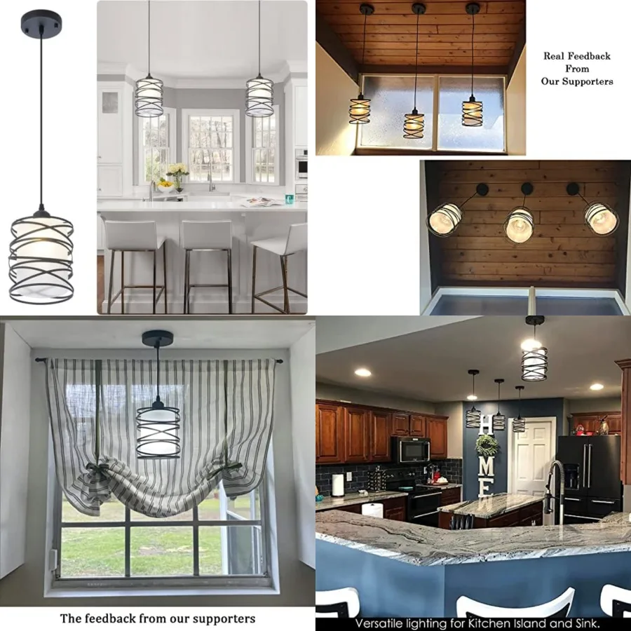 

Modern Mini Pendant Light Fixture Kitchen Island Pendant Lighting 6.30''Matte Black Spiral Cage and Handblown Frosted Haze Glas