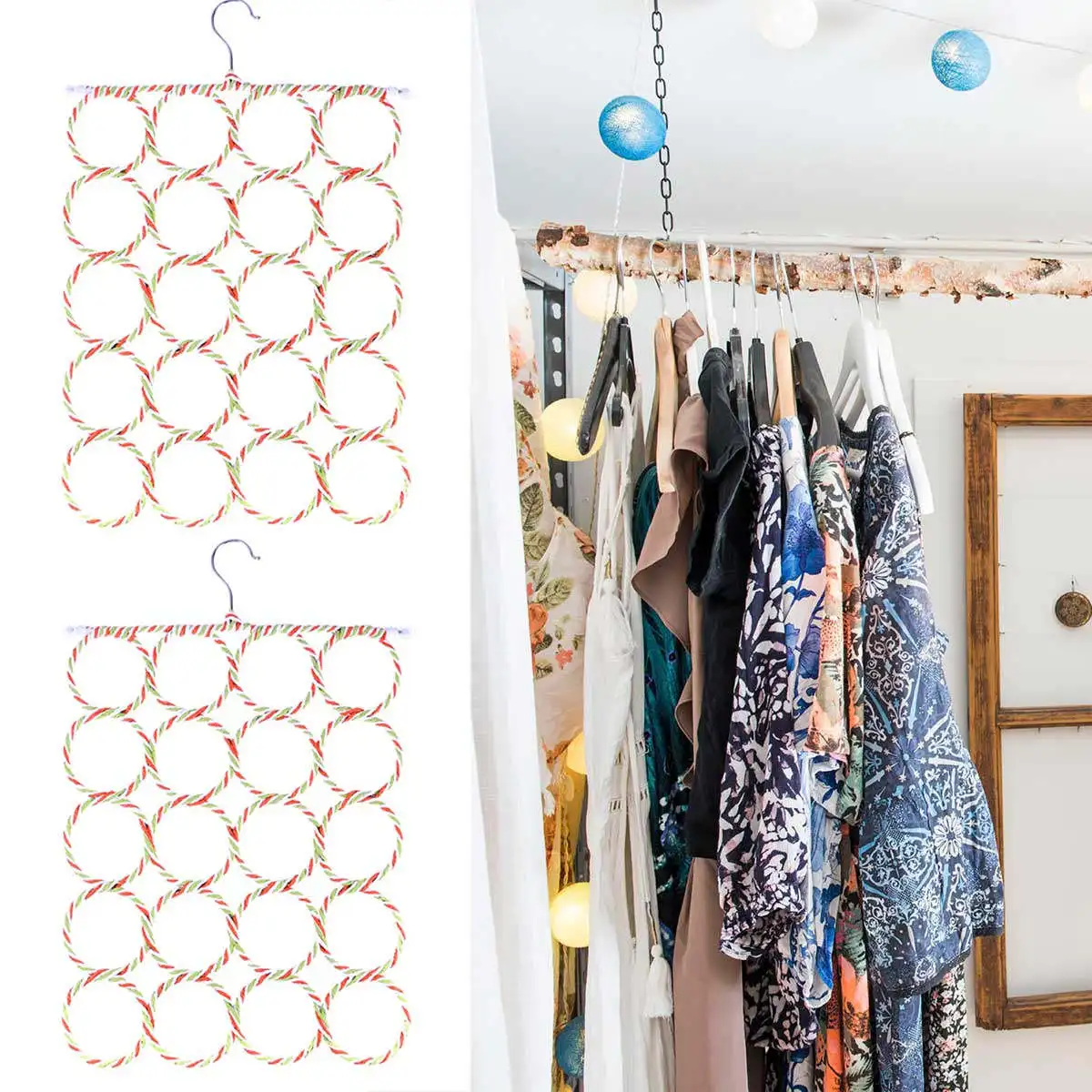 20-Ring Paper Rattan Scarf Hanger Foldable Eco-Friendly Rotating Steel Hook Scarf Rack Tie Towel Closet Organizer