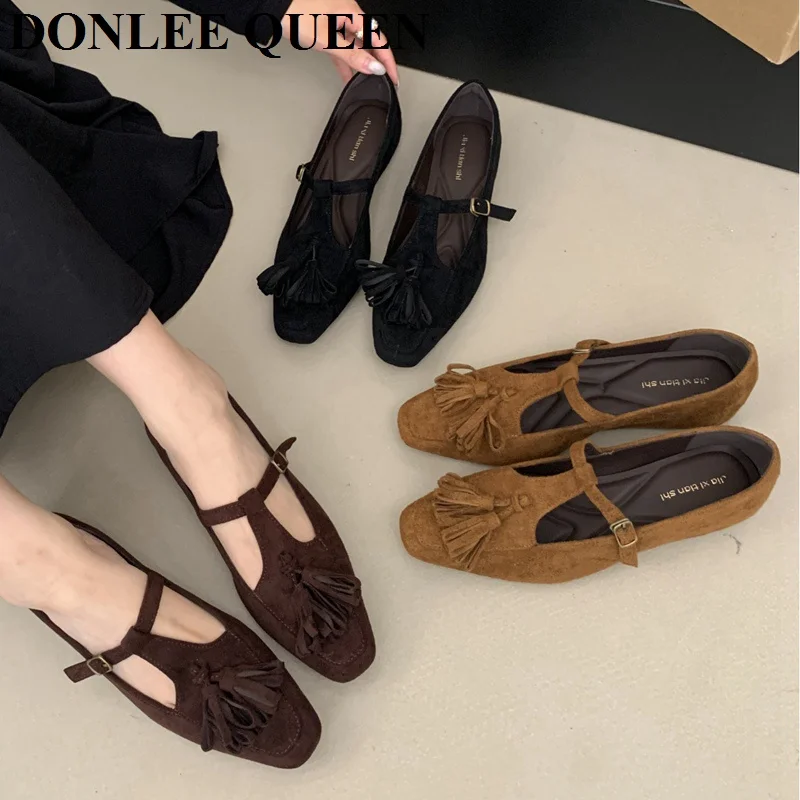 

Retro Pointy Toe Flats Shoes Women Ballet Fashion Tassels Mary Jane Shoes Brand Ballerinas Buckle Strap Walking Daily Life Mujer