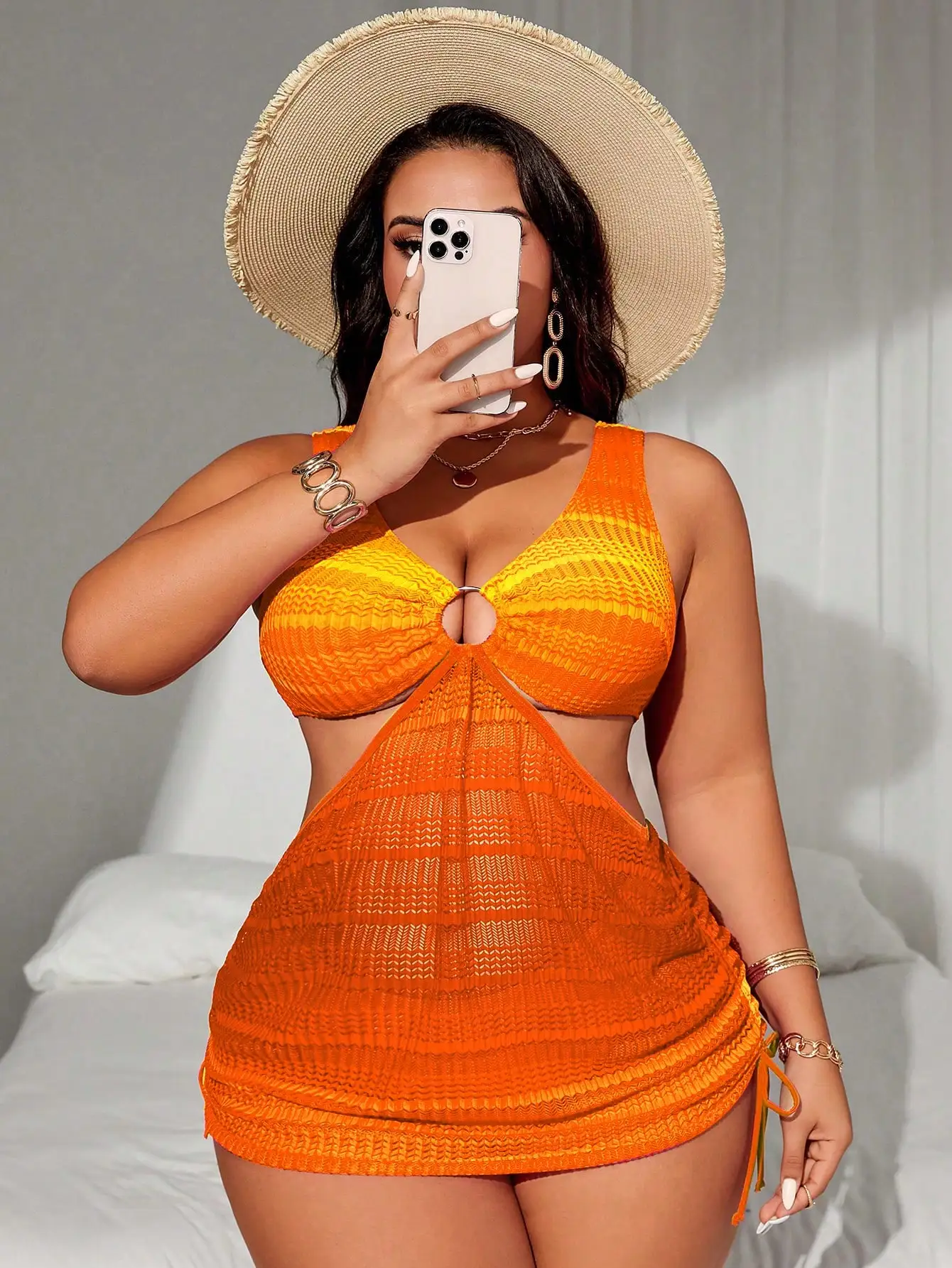 

Women Plus Size Gradient Color Wide Strap Hollow Drawstring Waist Sexy Swim Dress Set