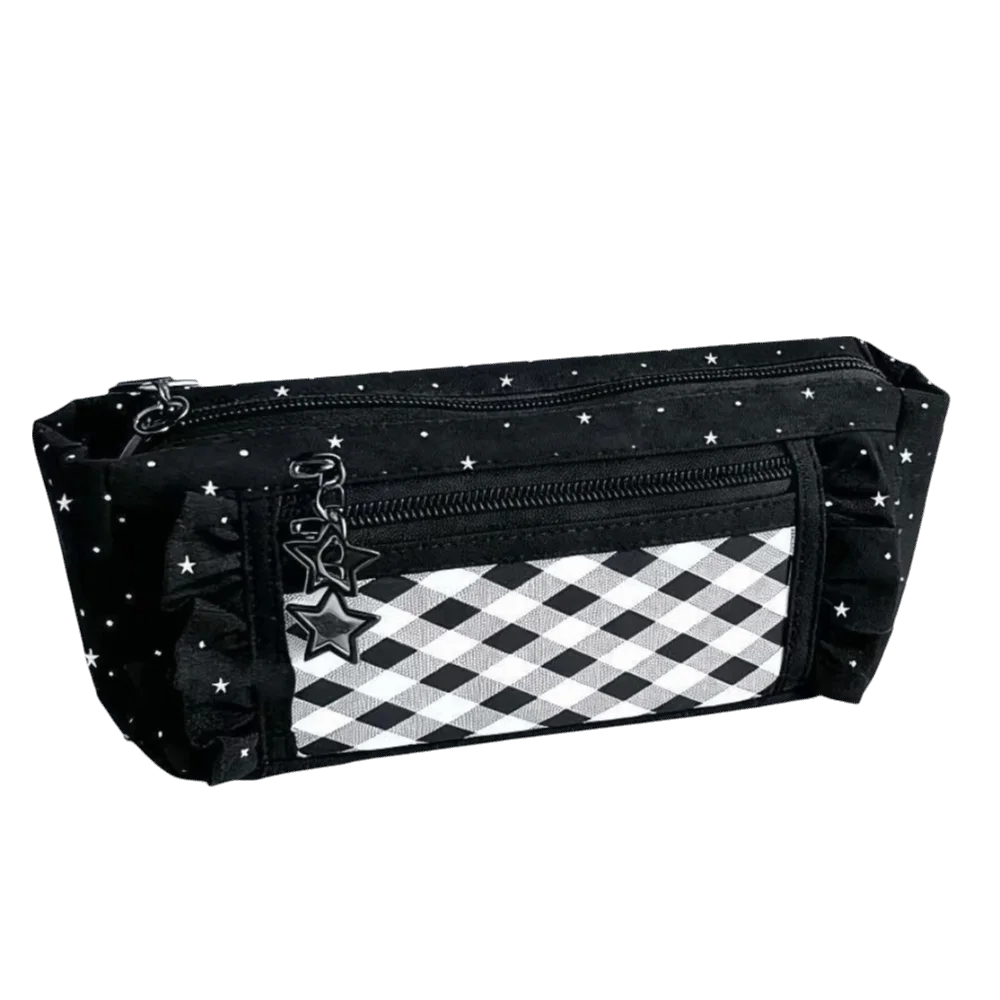 Large Capacity Star Checkered Pattern Pen Bag Lace Trim Canvas Pencil Pouch Multi-Pocket Transparent Window Stationery Organizer