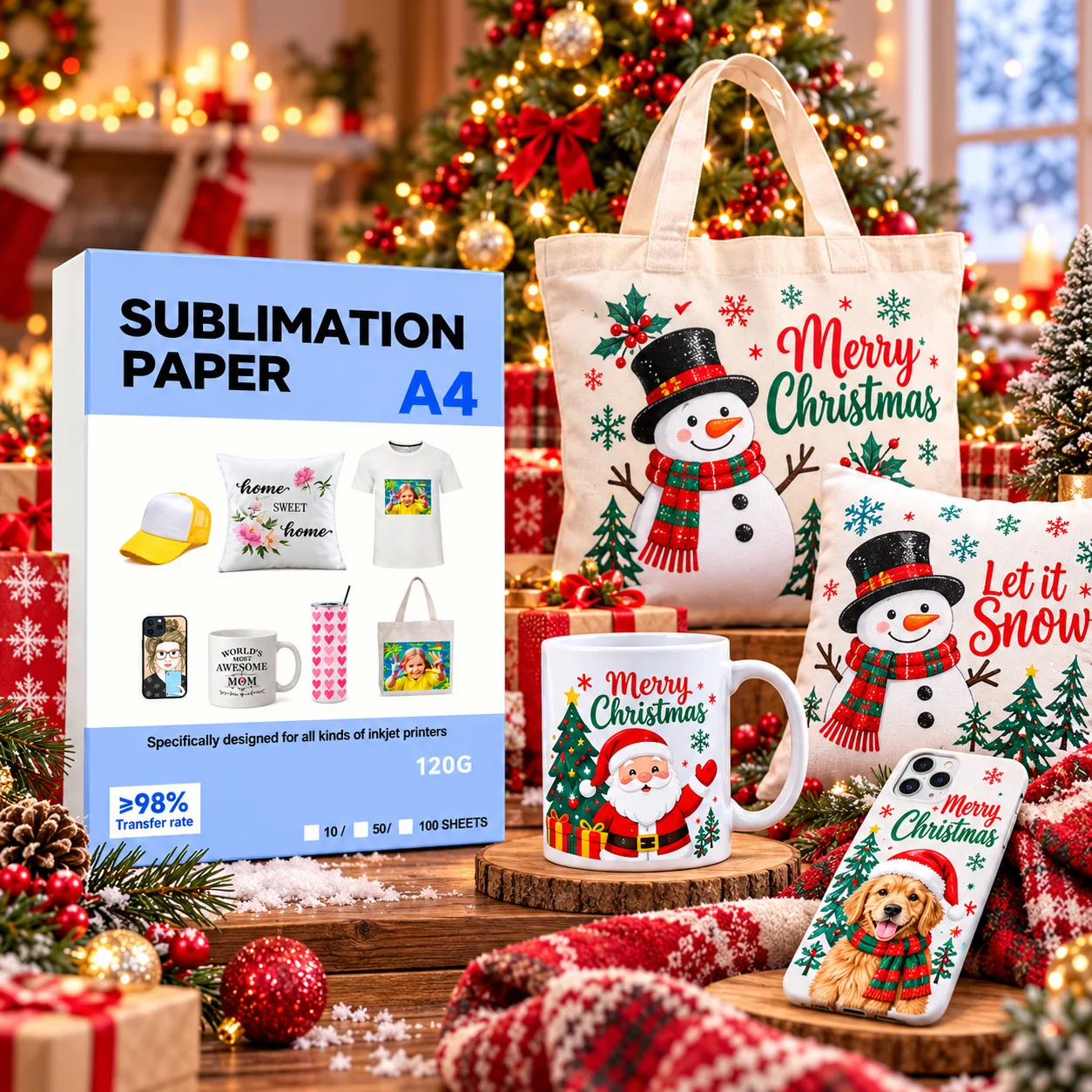 A4 Sublimation Heat Transfer Paper, 98% High Transfer Rate, for Inkjet Printers, DIY Crafts on Mugs, Tshirts, Christmas Gift