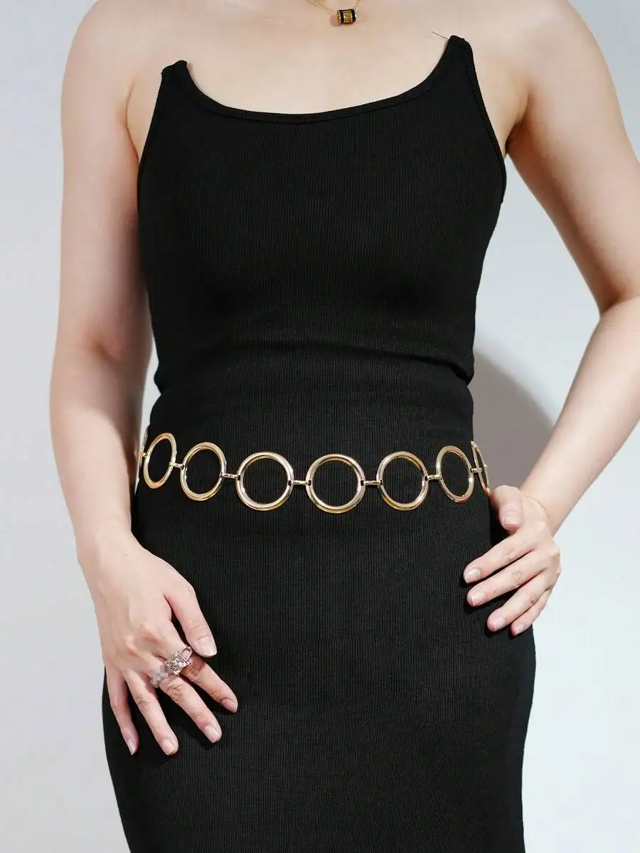 1pc Women's Shiny Metallic Gold Waist Chain, Versatile Retro Body Chain Waist Belt With Round Ring, Suitable For Daily Wear, Par view 3