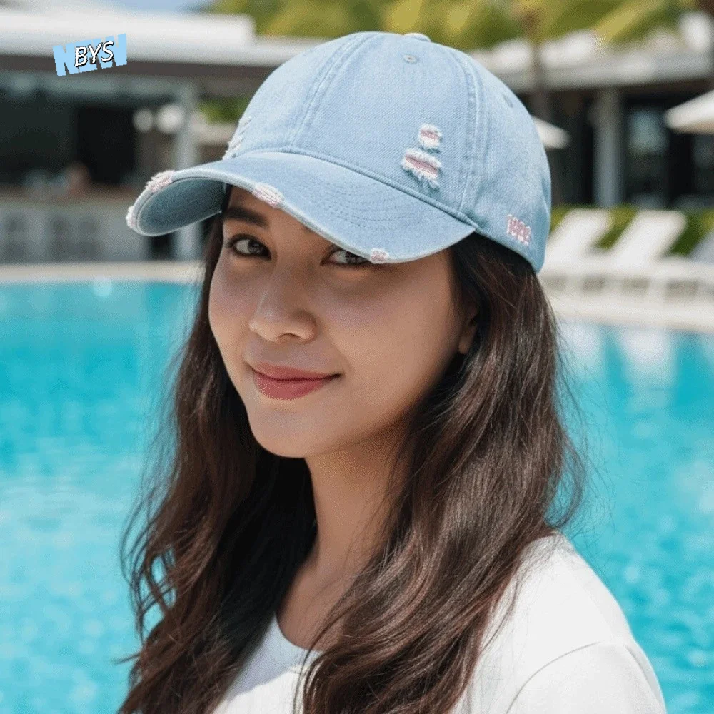 

Adjustable Frayed Denim Baseball Cap Sunscreen Versatile Unisex Retro Peaked Hat Polyester Sunshade Distressed Blue Casquette