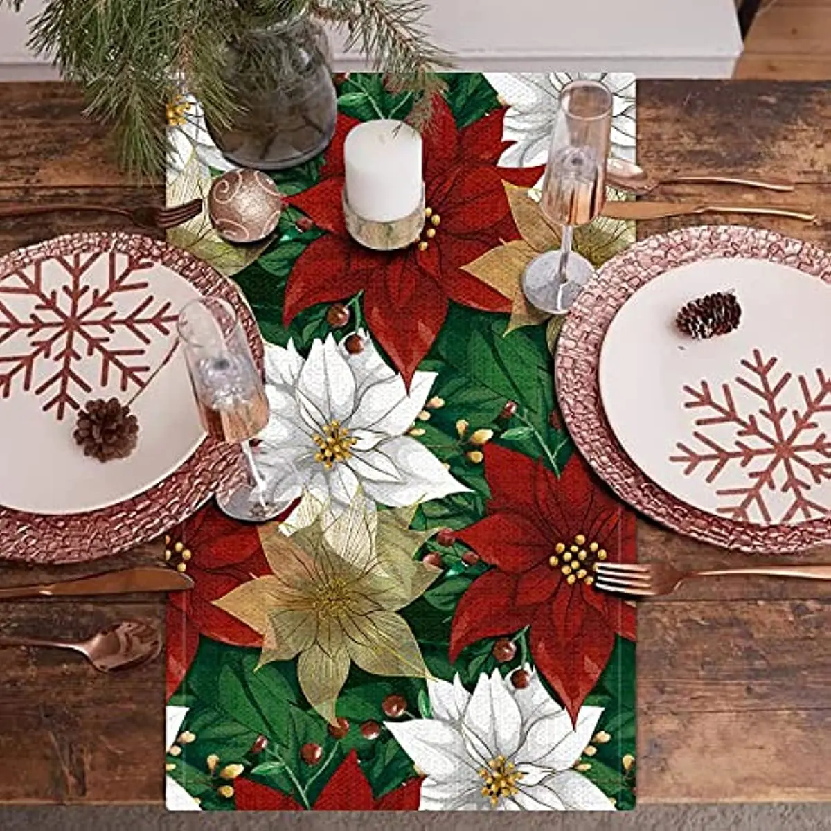 Christmas Poinsettia Christmas Table Runner Linen Table Runner Fake Kitchen Dining Decor for Indoor Outdoor Home Wedding Party