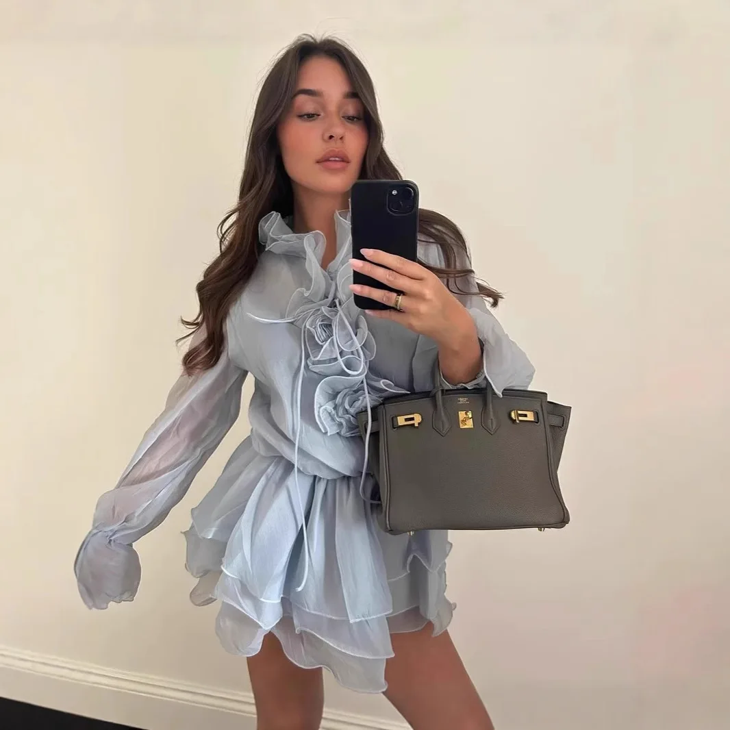 Mini robe d'été à volants abricot pour femmes, élégante, couleur unie, Slim, chemise trapèze, mode, manches longues, robe de plage, vacances, 2025