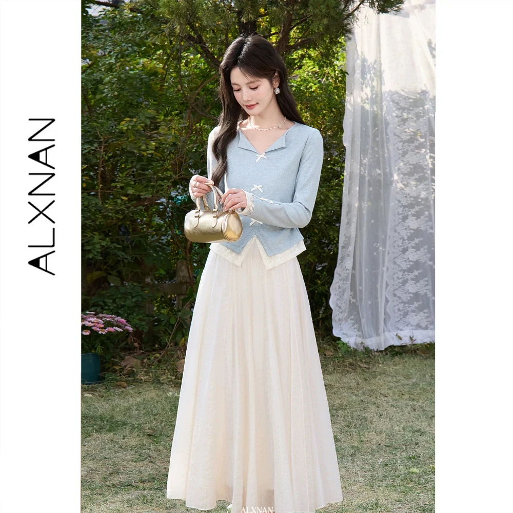 ALXNAN Blue Long Sleeve T-shirt Women Fake Two-Piece Lace Splicing Tees 2026 French Style Bow Slim-fit Casual Female Tops L62122