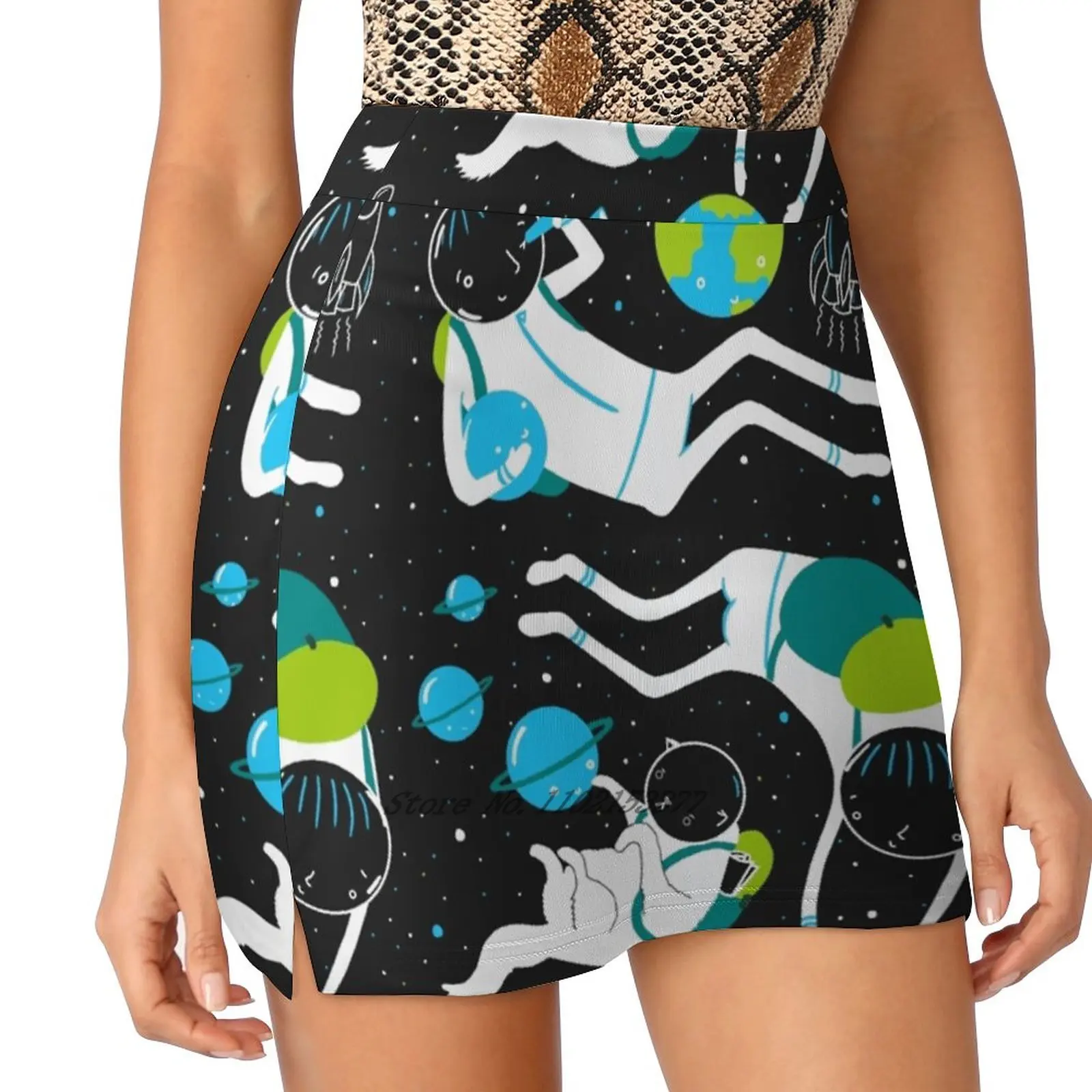 A Day Out In Space - Black New Women Skirts Double-Layer Printed Short Dress Mini Sport Skirt Space Black Purple Green Blue