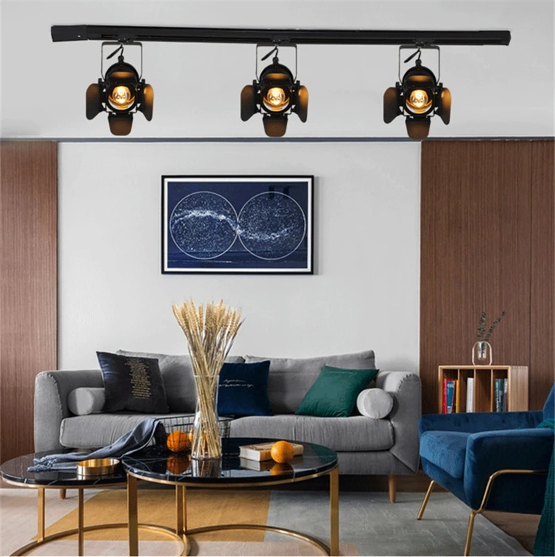 Modern LED Ceiling Lights American Retro Loft Iron Track Lamps Industrial E27 Bar Cafe Industrial Lighting Searchlight Fixtures