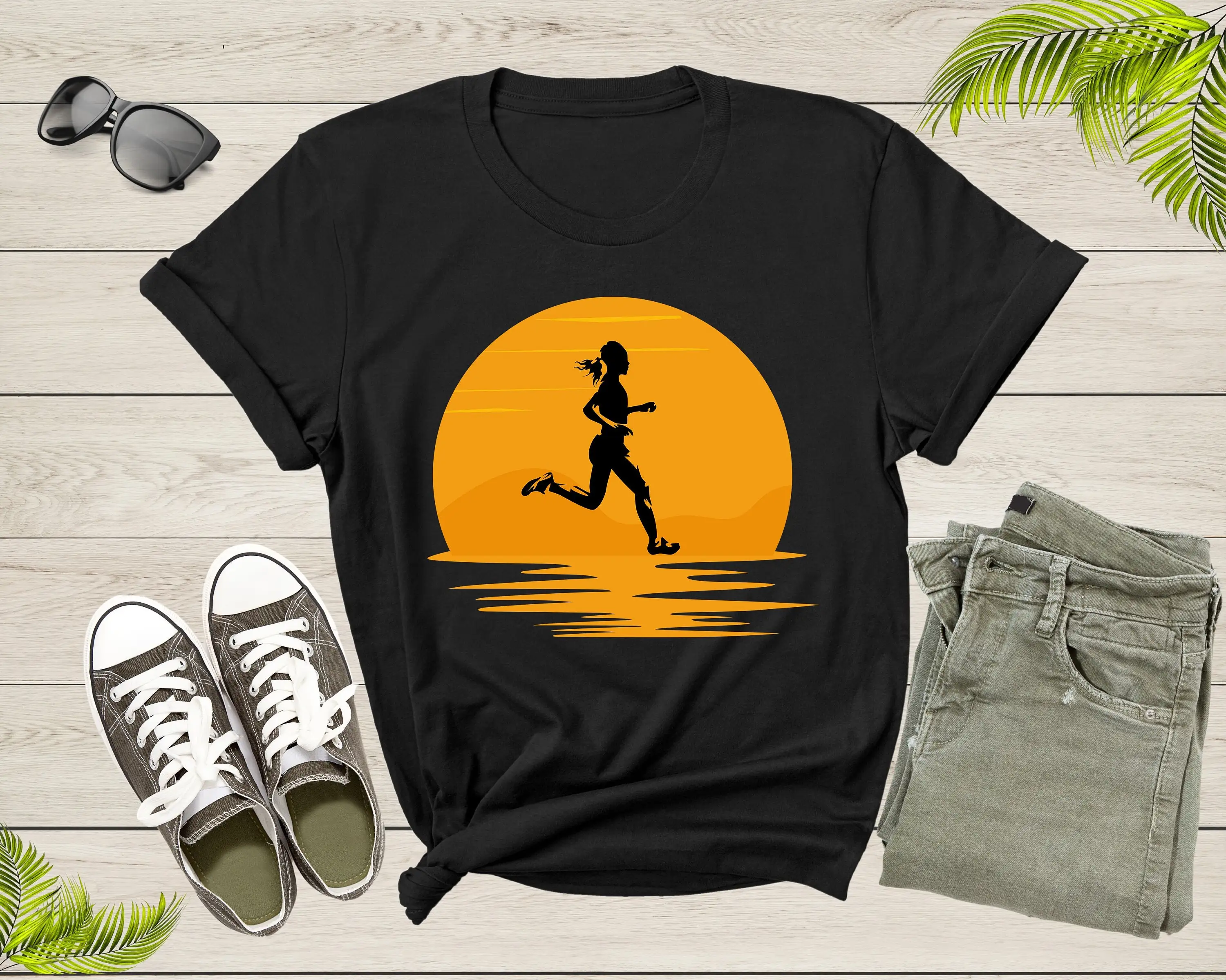 Sports Woman Marathon Race Athlete Runner Running At Sunset T Shirt Lover For Kids Boys Girls