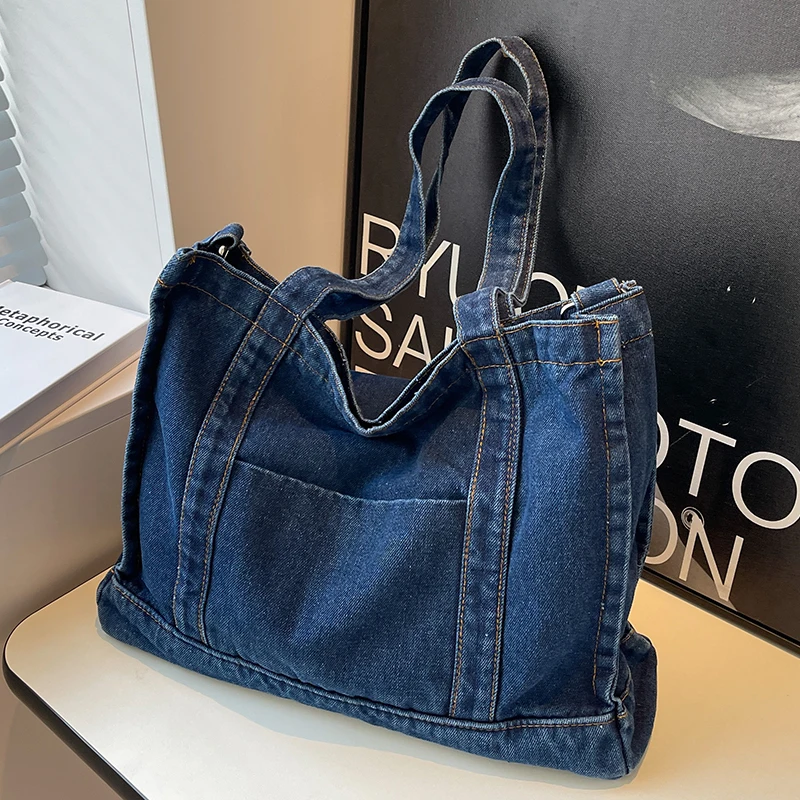 Large Capacity Denim Blue Women\'s Shoulder Bag Solid Color Female Tote Crossbody Bag Shopping Bags Retro College Girls Handbags