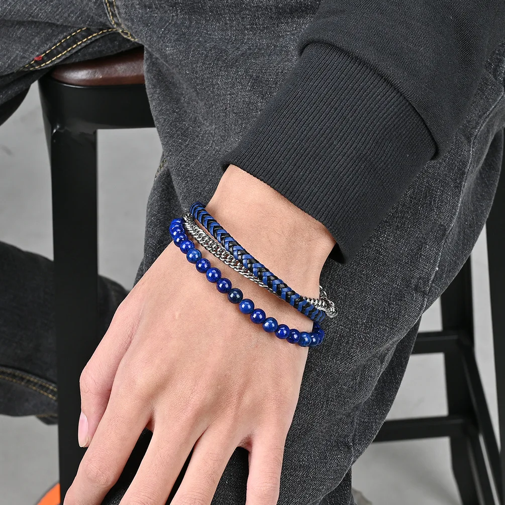 New Fashion Three-Layer Natural Stone Beads Braided Bracele Stainless Steel Magnetic Clasp Men Jewelly