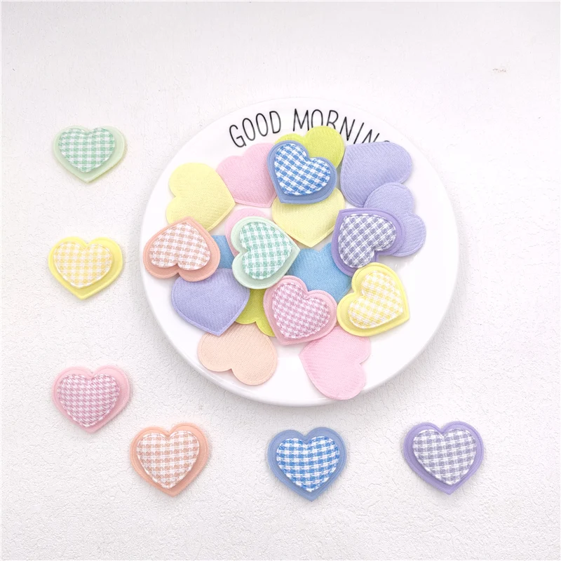 40Pcs/Lot 4*3.5CM Lattice Two Layer Heart Padded Appliques For DIY Handmade Children Headwear Garment Accessories Patches