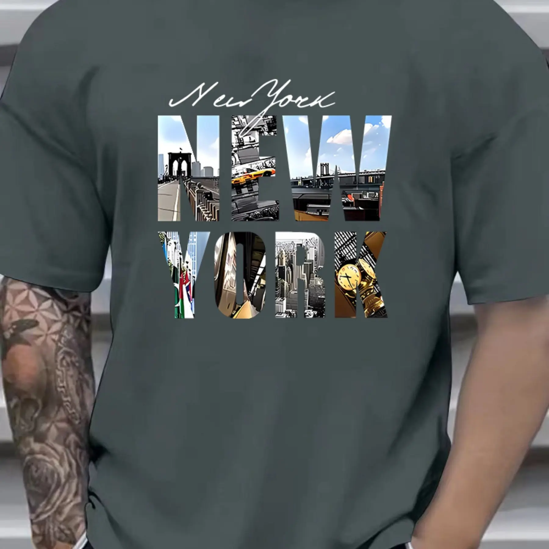 Men's Summer Cotton Fashion Casual Loose New York Pattern Print Sports Round Neck Short-sleeved T-shirt Top Casual Comfortable