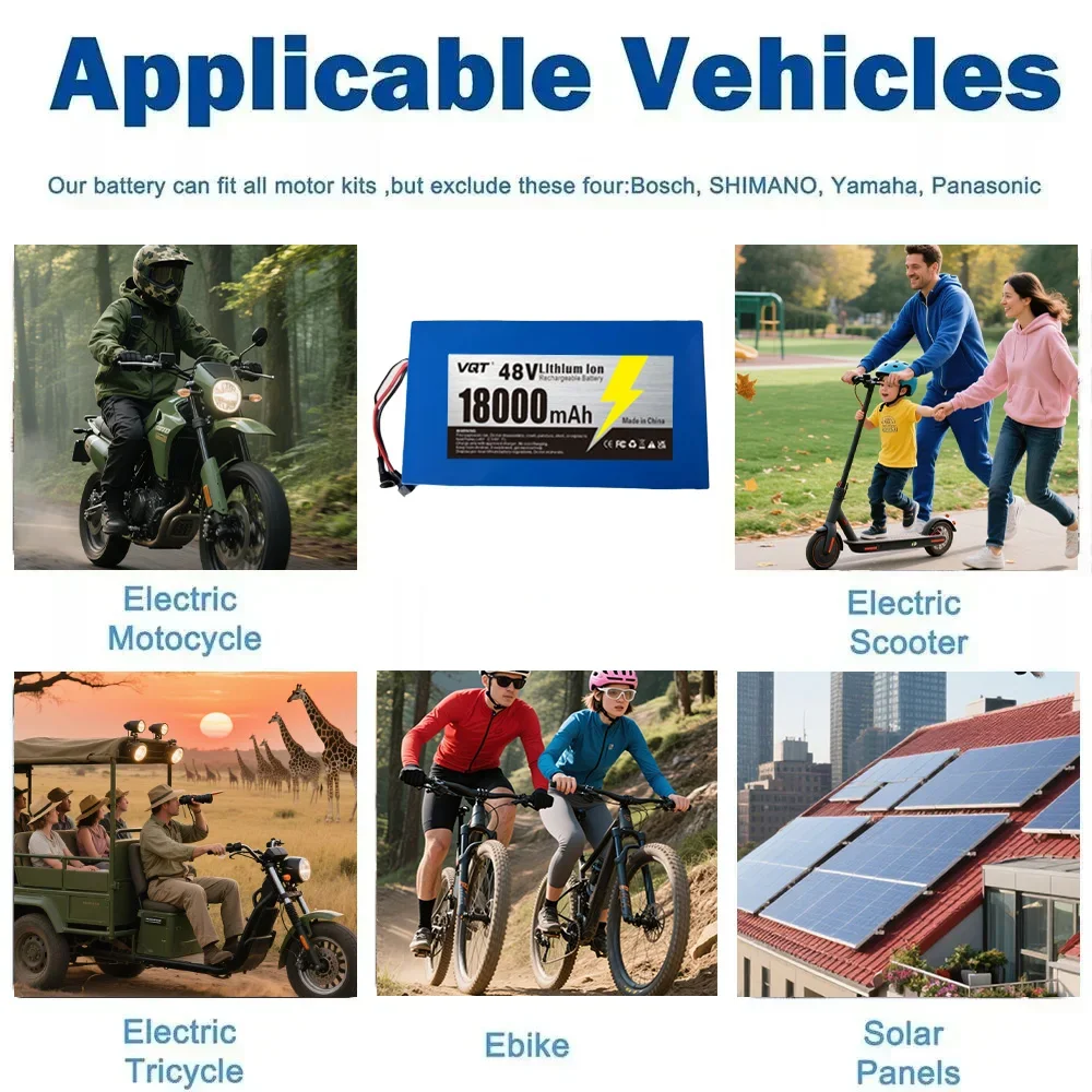 VQT grande capacité 48V 18Ah 18650 batterie au lithium 18000mAh lithium-ion batterie de vélo électrique moto + chargeur