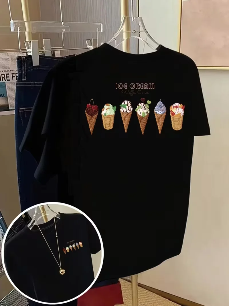 Retro Pastel Ice Cream Statement T-Shirt Crew Neck Short Sleeve White Casual Top Perfect For Cute & Fresh Summer Looks