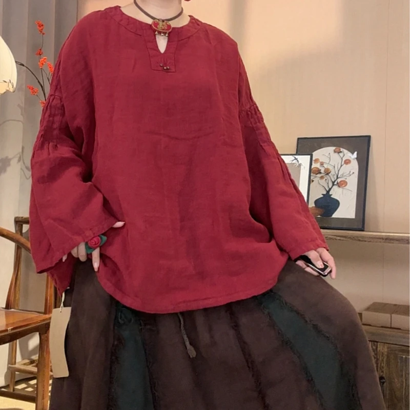 New Arrival 26 Spring/autumn Women Loose Casual Good Quality Cotton Linen Tops Tees Embroidered V-neck Long Sleeve T-shirts Y149