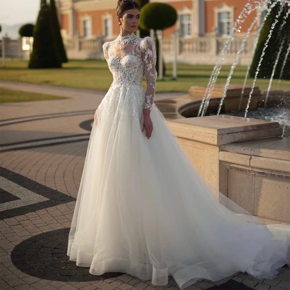 

Gorgeous Illusion Tulle Wedding Dress High Neck Long Sleeve Classic A-Line Applique Bride Button Customized Sweep Train Gown New