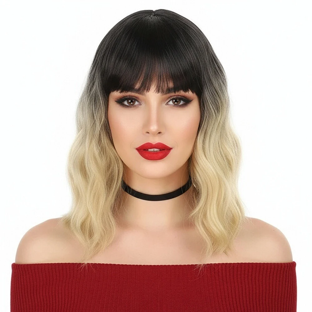 

Synthetic Short Curly Wig Gradient Blonde Wigs with Bangs for Women Daily Use Realistic Fake Hair Heat Resistant
