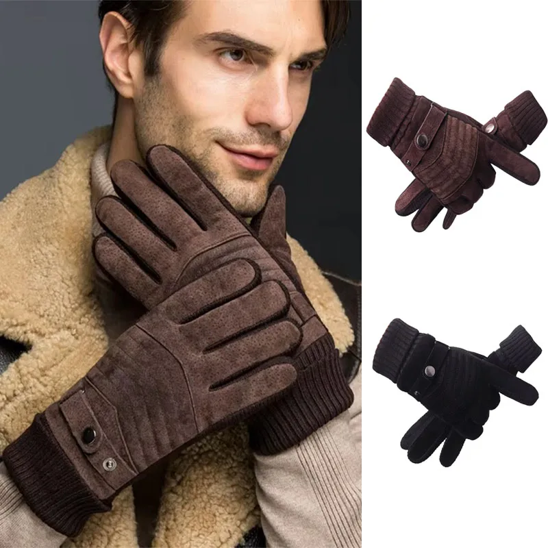 Herren Winter Outdoor Fahrradhandschuhe Dicke rutschfeste warme und winddichte Lederhandschuhe Touchscreen Motorrad Skifahren Handschuhe