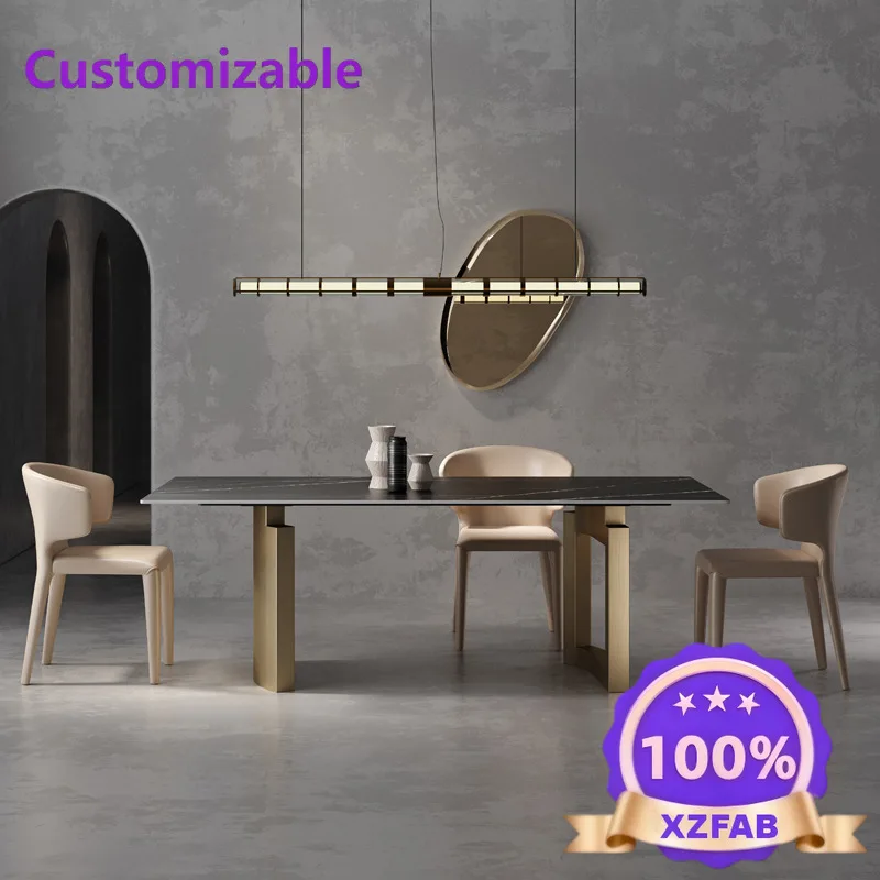 Factory Direct 2026 Italian light luxury rock slab dining table stainless steel modern simple small apartment rectangular househ