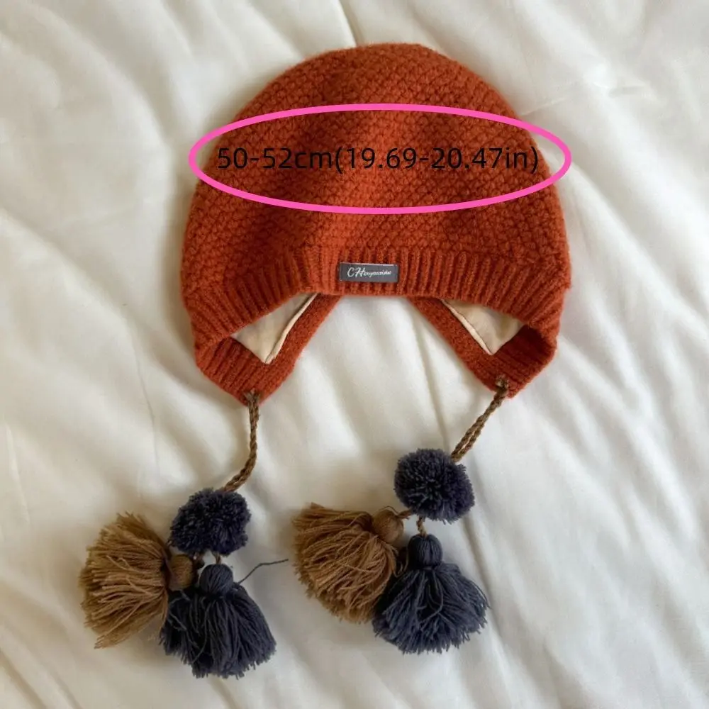 Gorro con borlas de estilo étnico para niños, gorro coreano de ganchillo hecho a mano para otoño e invierno, protección cálida para los oídos, gorro tejido para niñas