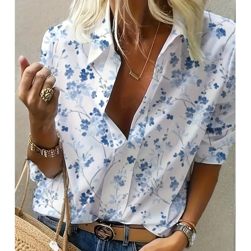 2024 Spring and Autumn Women's Fashion Versatile Long Sleeve Shirt with Flower Digital Printing for Casual Office Women's Shirt