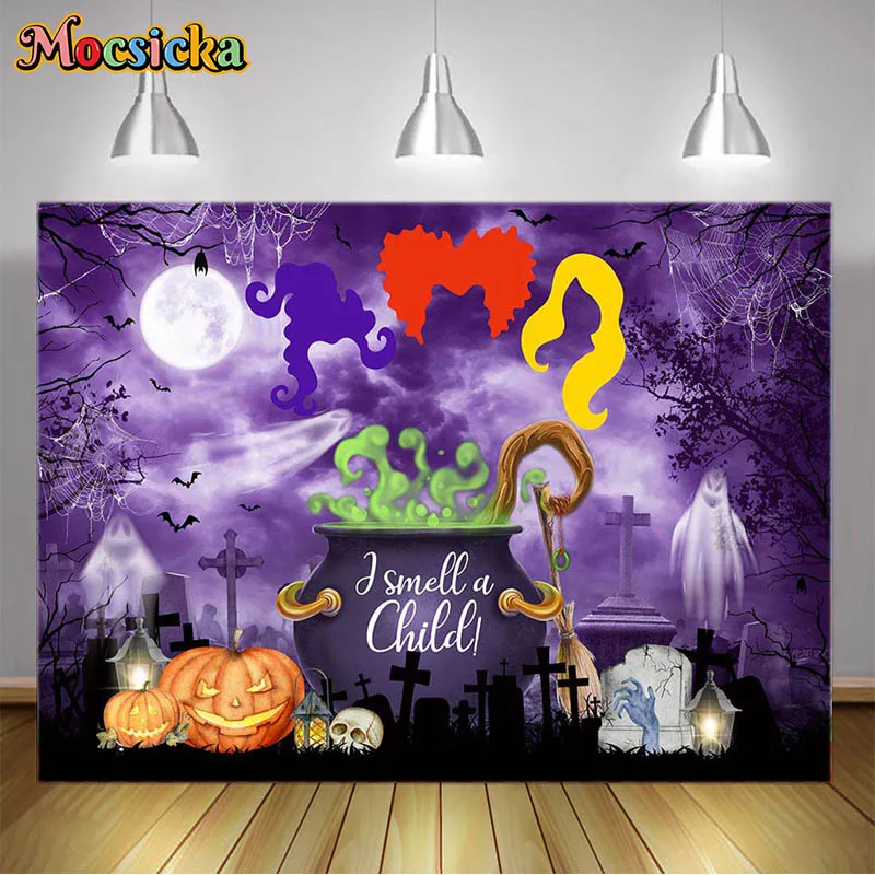 Mocsicka Photography Backdrops Halloween Witch Pumpkin and Cauldron Autumn Bats Animal Boiler Backgrounds Photo Booth Props