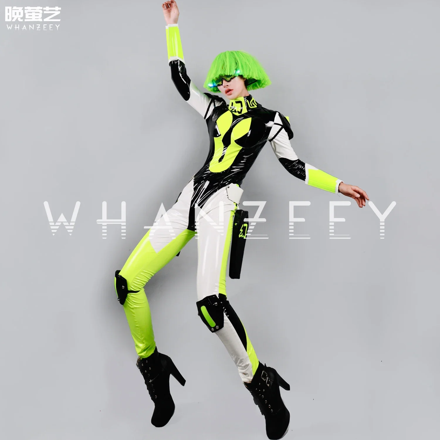 Nieuwe prestatiekleding nachtclub fluorescerend groen damestechnologie lakleer eendelige motorfiets cyberpunk jumpsuit
