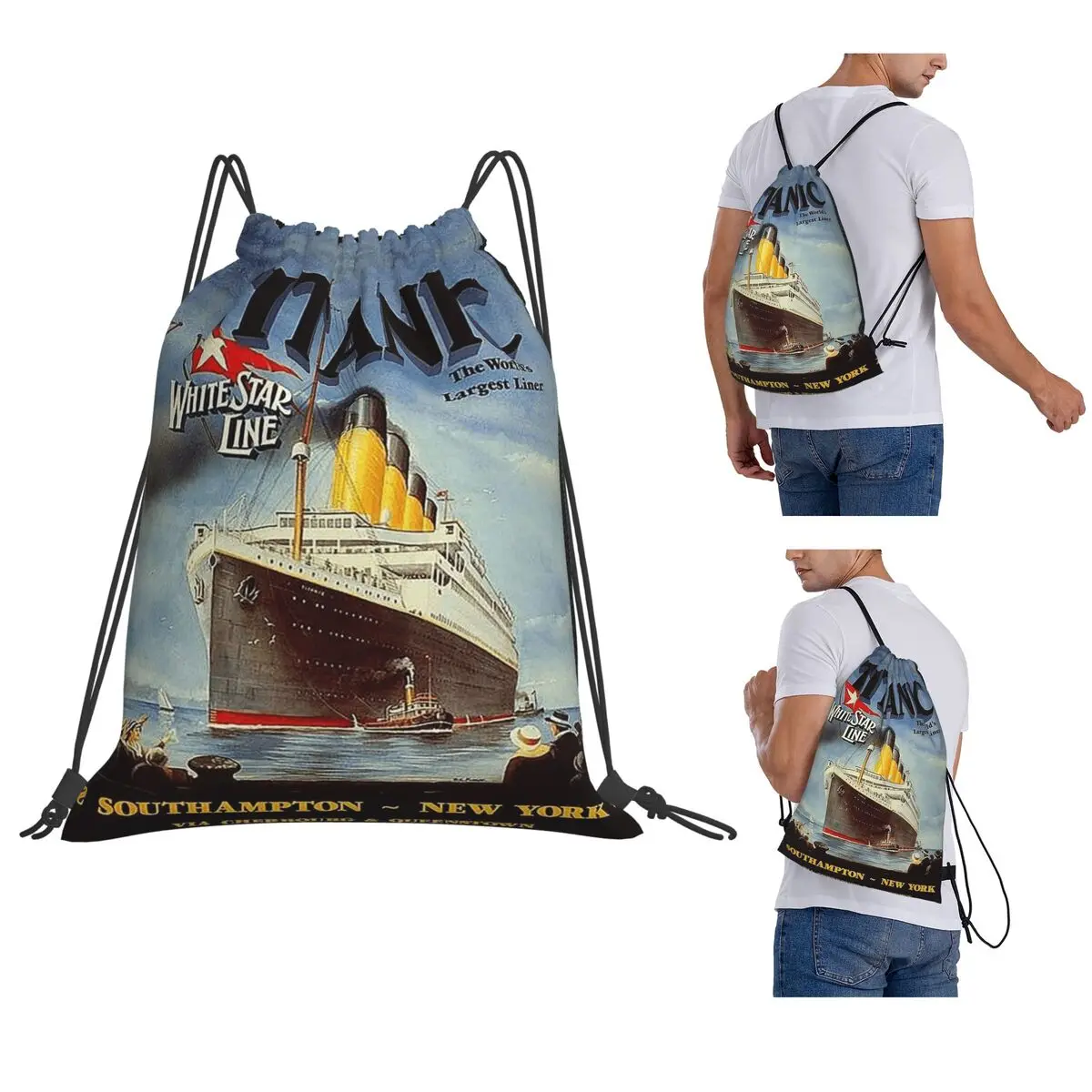 

Titanic White Star Line Backpacks Portable Drawstring Bundle Pocket Shoes Bag Book Bags for Man Woman Students