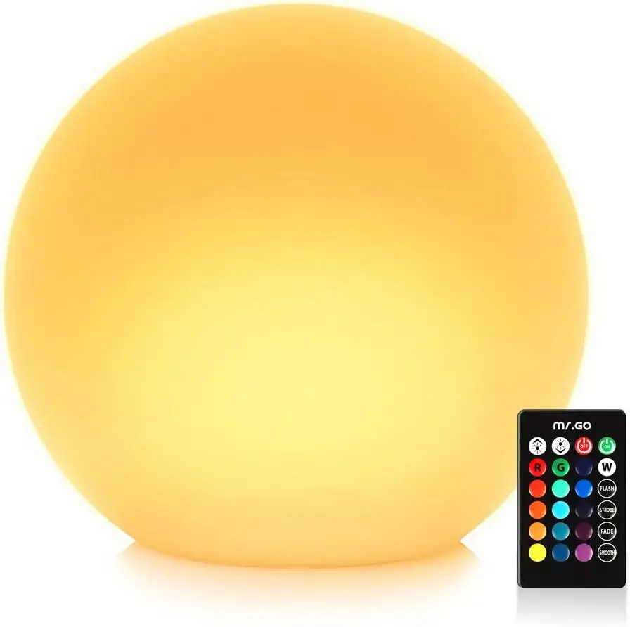 14-inch LED Ball Light, Cordless Rechargeable Globe Lamp w/Remote, 16 RGB Color Changing Dimmable Mood Lamp, Waterproof