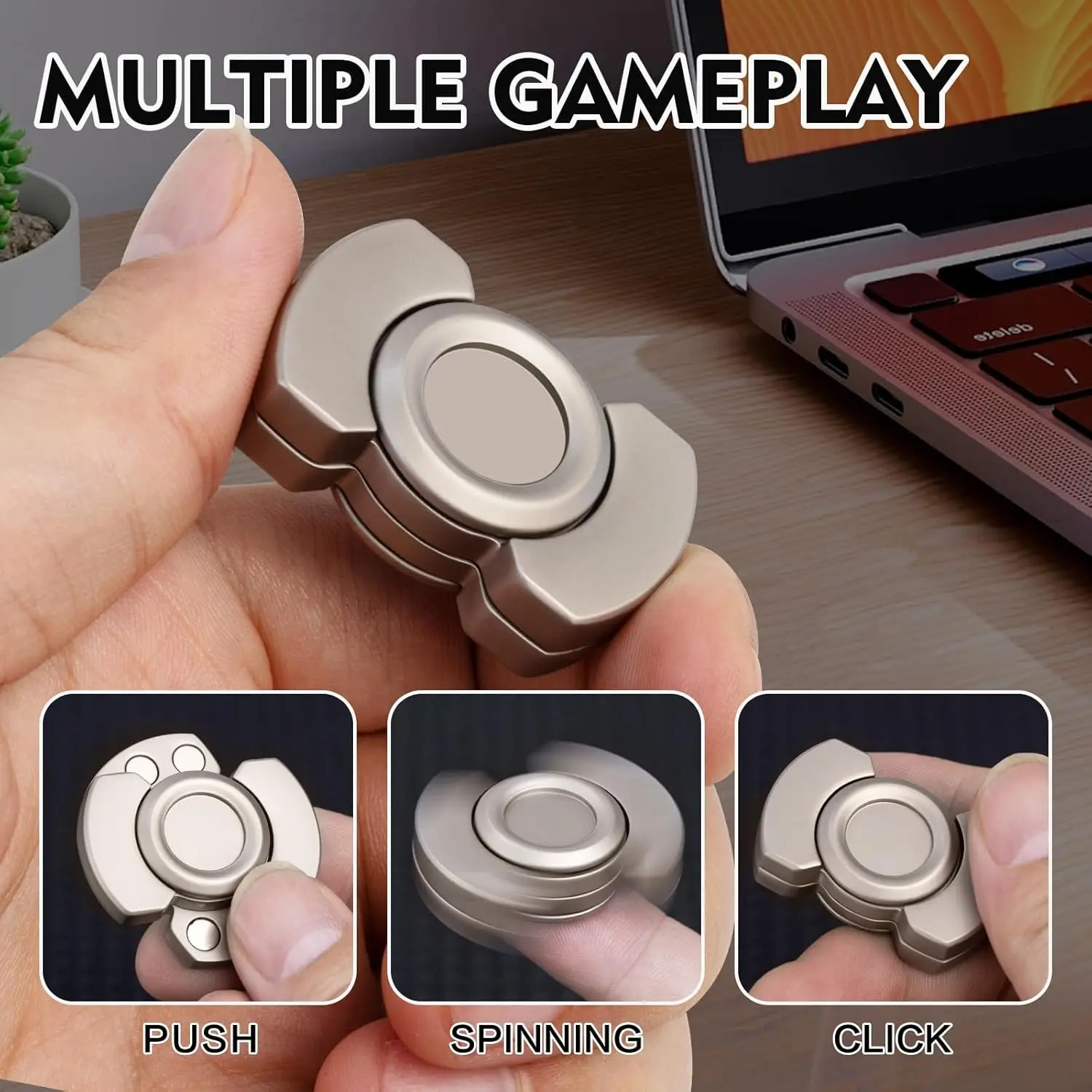 3-in-1 Magnetic Stainless Steel Bearing Fidget Toy Spinner Slider Clicker Stress Relief Focus Enhancer Adult Desk Novelty Gift