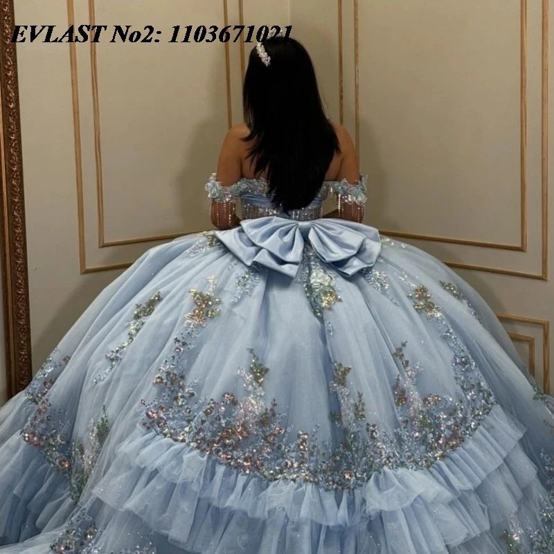 فستان Quinceanera أزرق لامع مخصص من EVLAST بدون أكتاف مزين بالترتر والدانتيل مطرز بالخرز الحلو 16 فيستدوس دي 15 أنوس E2QA80 #4