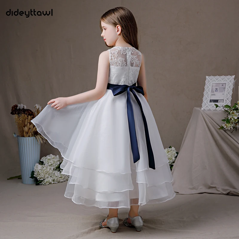 Dideyttawl Tiered First Communion Sleeveless Tea-Length Flower Girl Dress For Wedding Party Lace Junior Bridesmaid Gown