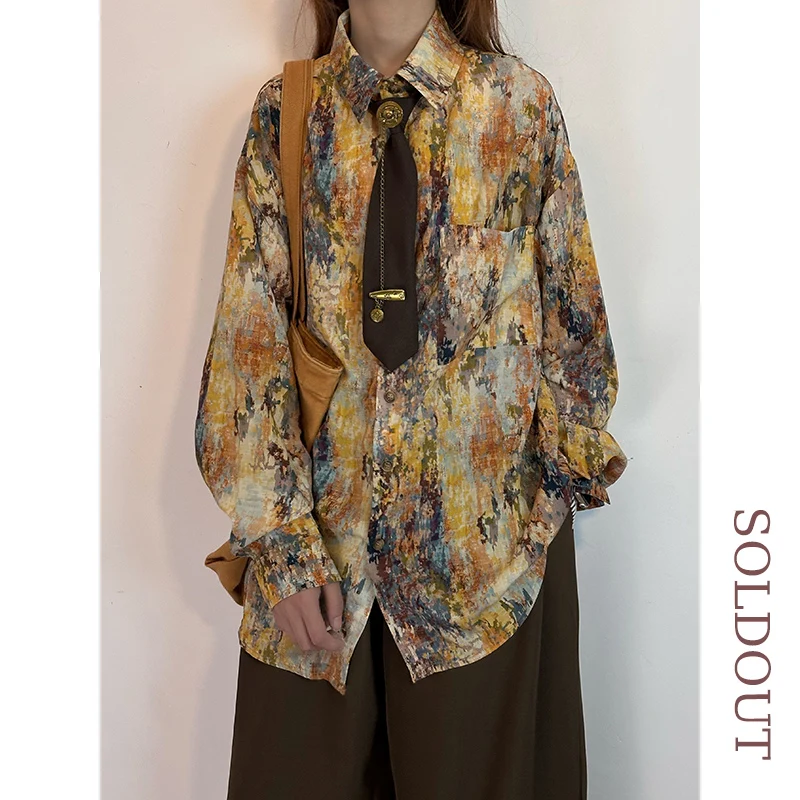 

Loose Fit American Sle Tie Dye Long Sve irt Women's New Lazy Sle Casual Top Streetwear Polyester Fiber Button Plaet