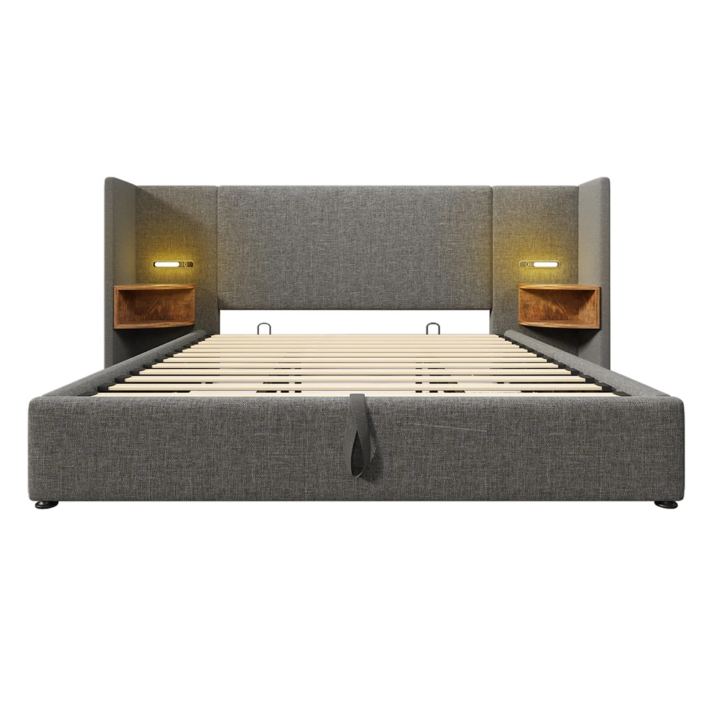 KOMHTOM Gestoffeerd bed met nachtkastje, leeslamp en USB Type-C oplaadfunctie, linnen (zonder matras)