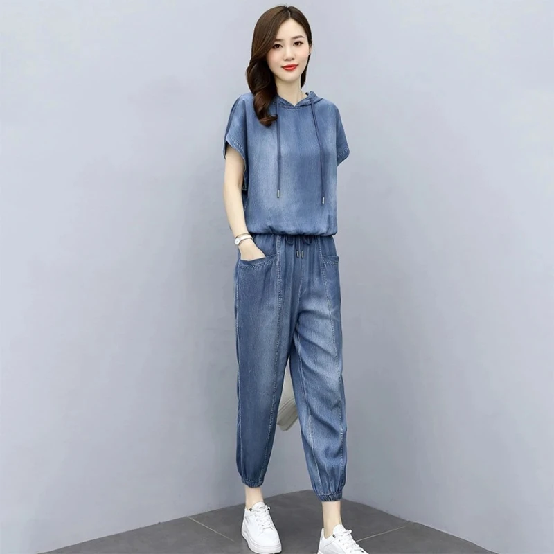 Denim Suit Women Summer New Female Casual Sportswear Outfit Korean Version Cowboy Set Loose Jeans Two-Piece Set 4XL