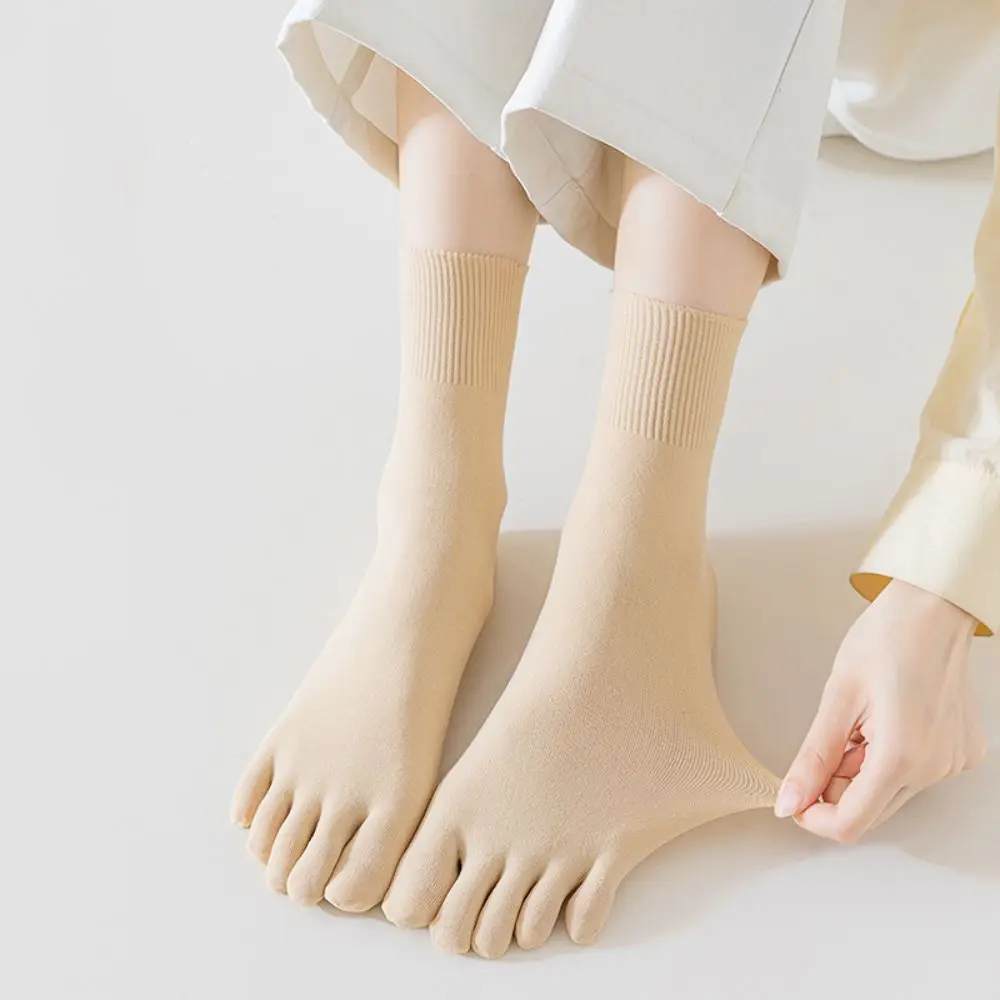 1 par de calcetines de tubo medio de cinco dedos con punta dividida de Color sólido calcetines finos transpirables de algodón de verano medias cortas calcetines de cinco dedos