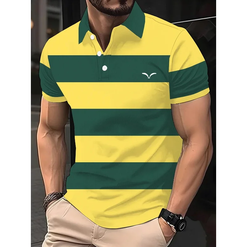 Harajuku striped polo short-sleeved shirt, polo lapel casual sports, casual printed button summer sports T-shirt, quick-drying t