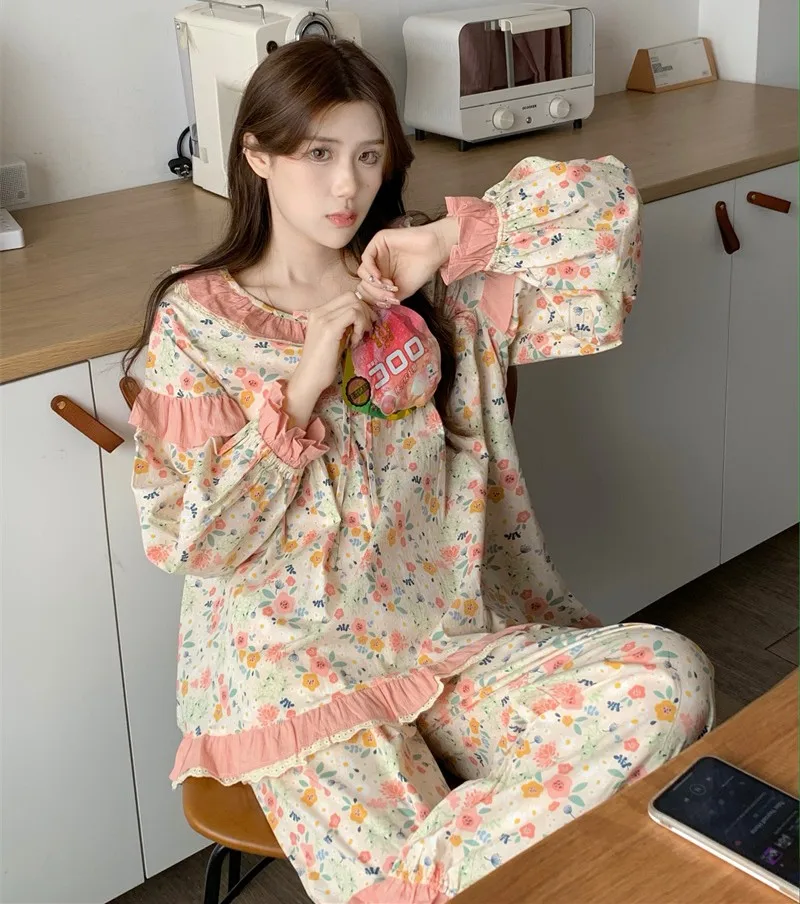 Flower Print Autumn Pajamas Set Women Ruffles Korean Two Piece Home Suit Kawaii Lace Up Sleepwear Cotton Homewear Sweet