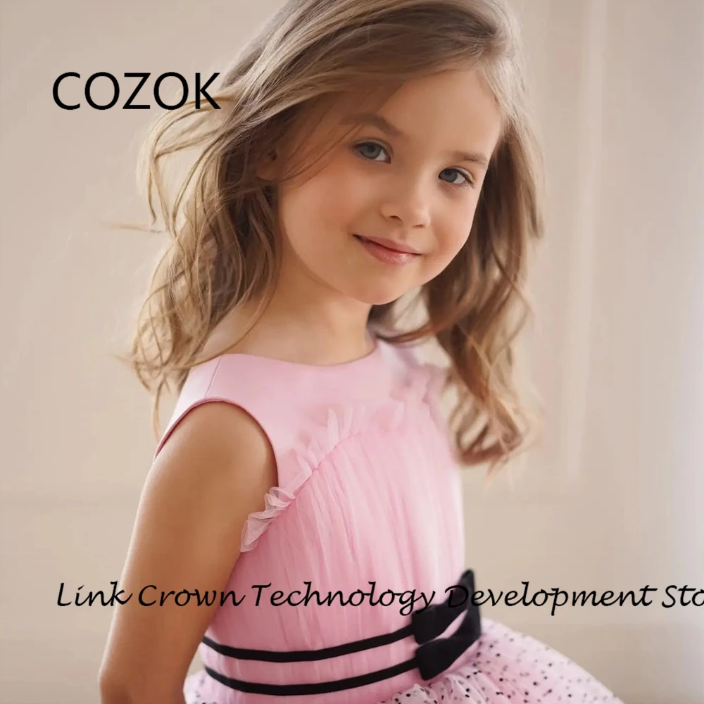 COZOK Scoop Pink Flower Girls Dresses with Black Belt Knee Length A Line Christmas Dresses 2024 Summer Sleeveless فستان عيد المي